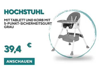 Hochstuhl mit Tablett und Korb mit 5-Punkt-Sicherheitsgurt grau
