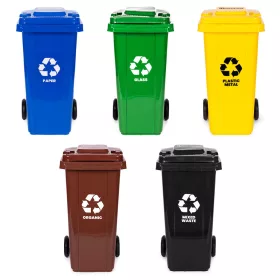   Behälter-Set 5x120L mit blauen, grünen, gelben, schwarzen, braunen Gummirädern