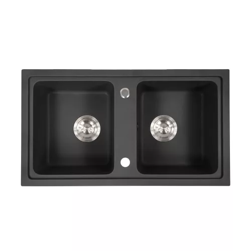 Tia quadratisches Waschbecken mit zwei Becken aus Granit mit Siphon schwarz