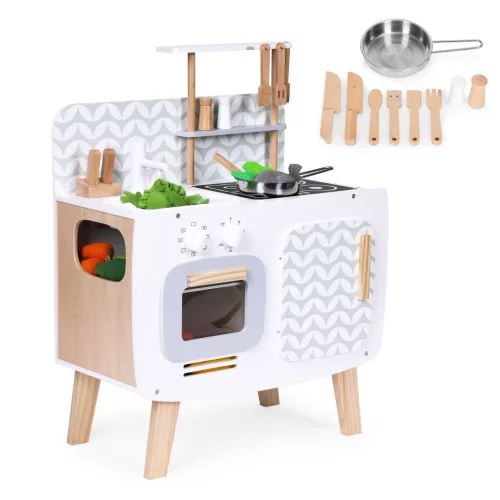Spielküche aus Holz mit Backofen, Spüle und Küchenzubehör